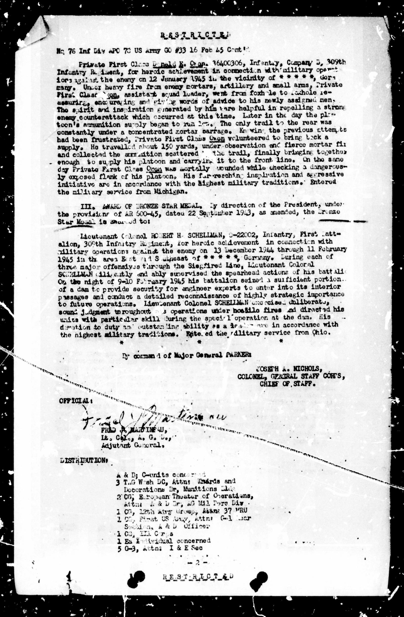 78th Infantry Division General Order 33, February 16, 1945 — page containing Lt. Col. Robert H. Schellman citation
