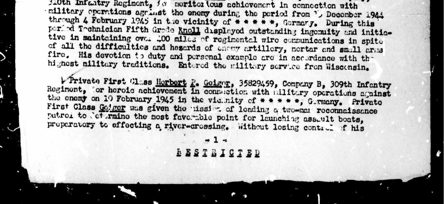 78th Infantry Division General Order 40 — Herbert P. Geiger citation detail