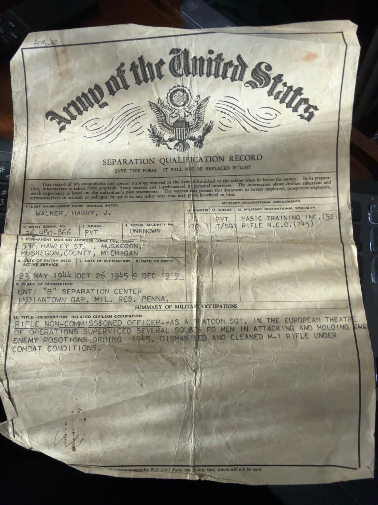 Harry James Walker’s WD AGO Form 100, full family-held original