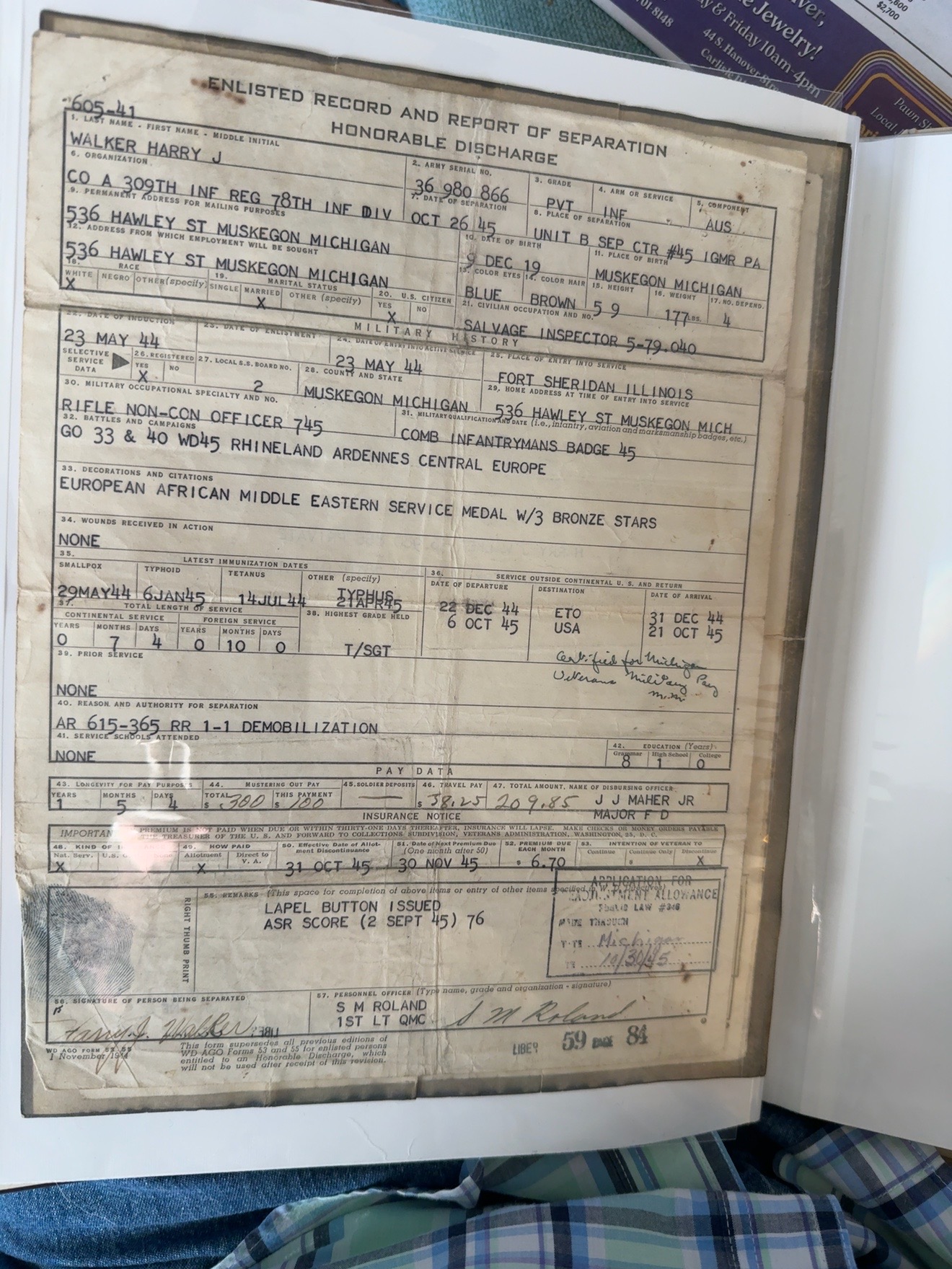 Harry James Walker’s WD AGO Form 53-55, full family-held original